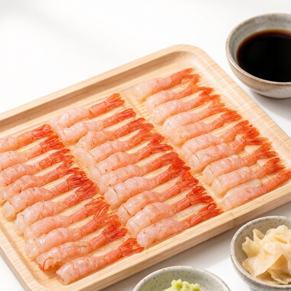 Rows of raw Arctic sweet shrimp laid out on a wooden tray