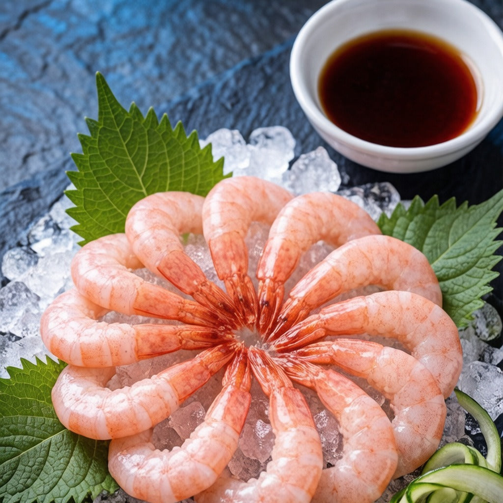 Peeled shrimp fanned on crushed ice with a bowl of soy sauce