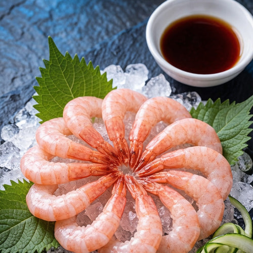 Peeled shrimp fanned on crushed ice with a bowl of soy sauce