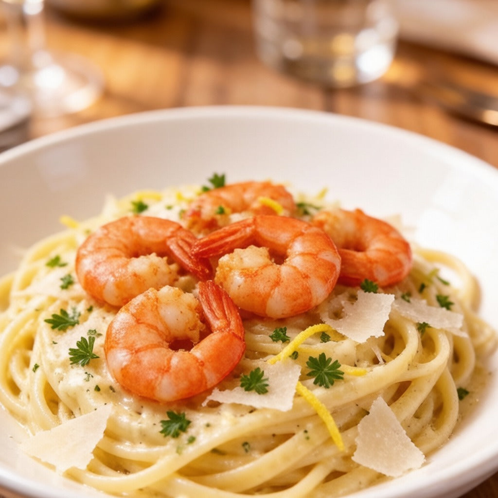 Arctic sweet shrimp over a bowl of creamy pasta