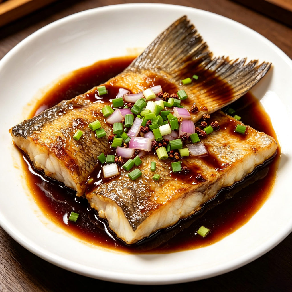 Braised cod tail in a glossy sauce with spring onion on a white plate
