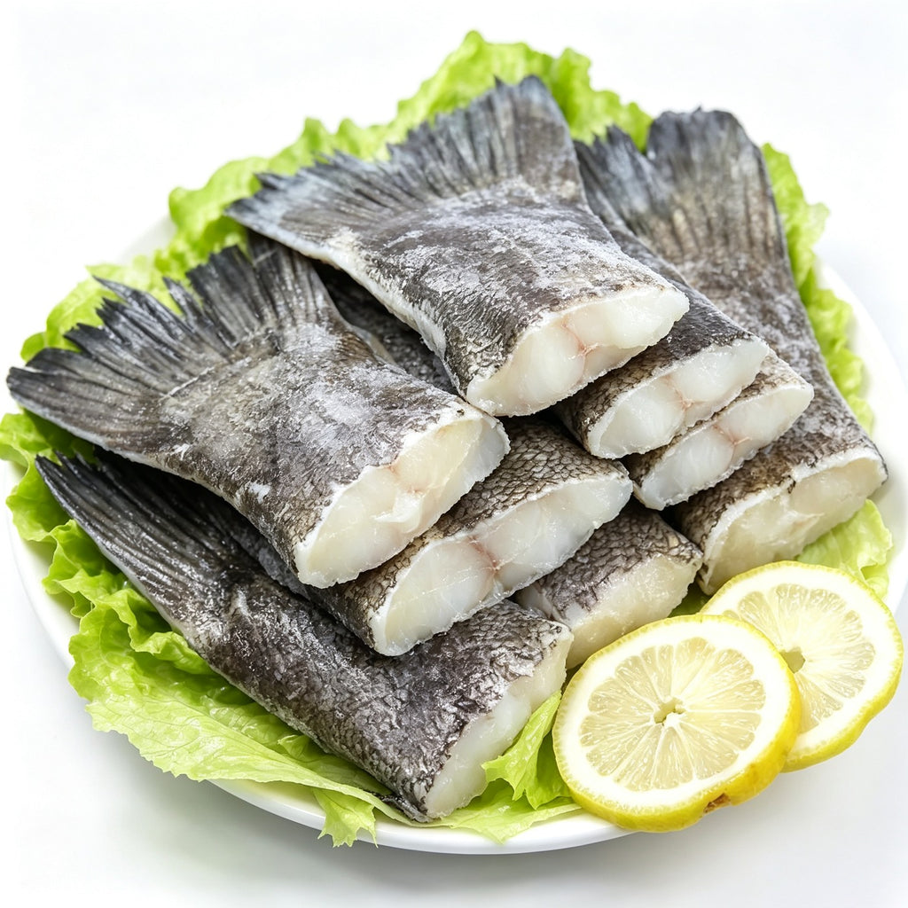 Frozen cod fish tails on a bed of lettuce with lemon slices