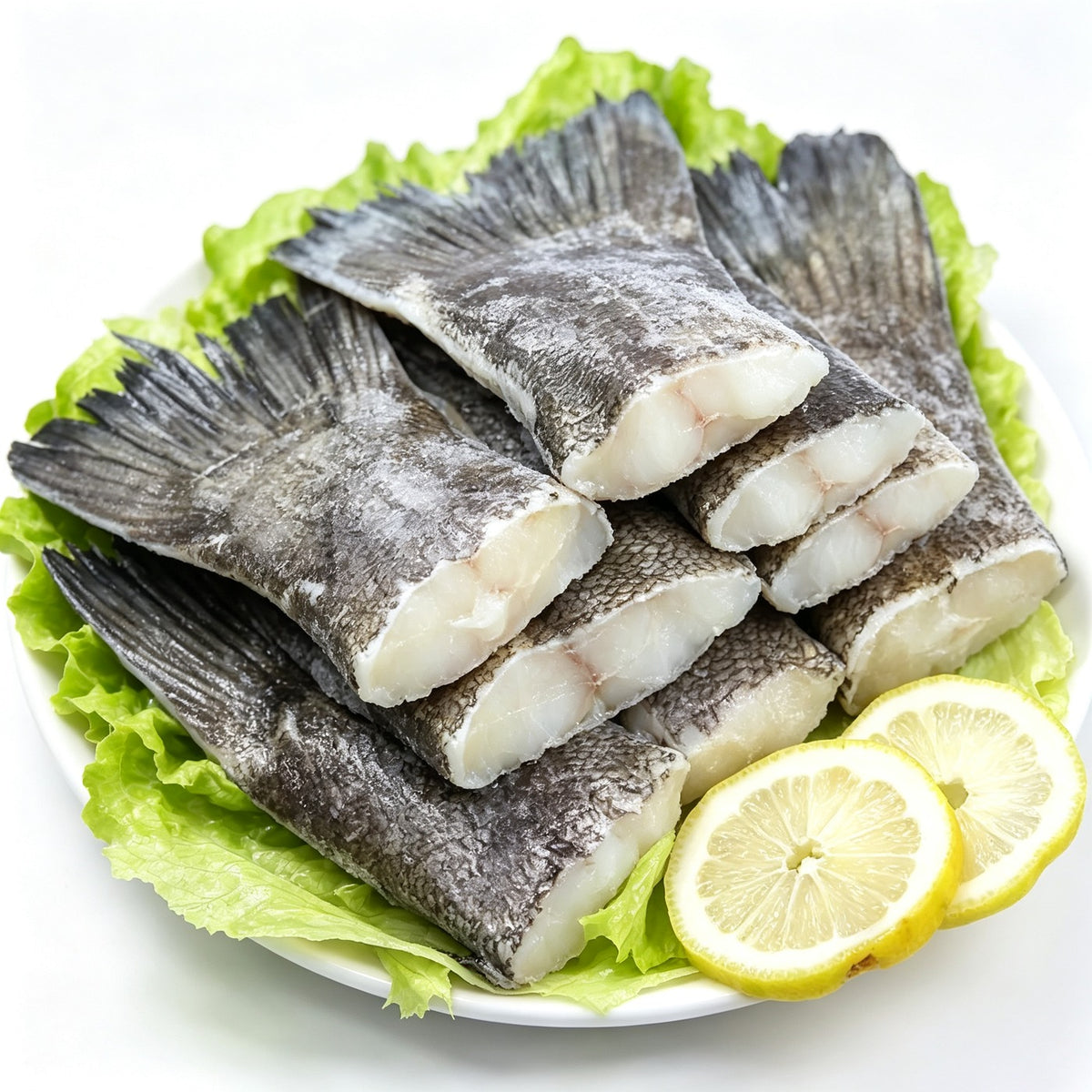 Frozen cod fish tails on a bed of lettuce with lemon slices