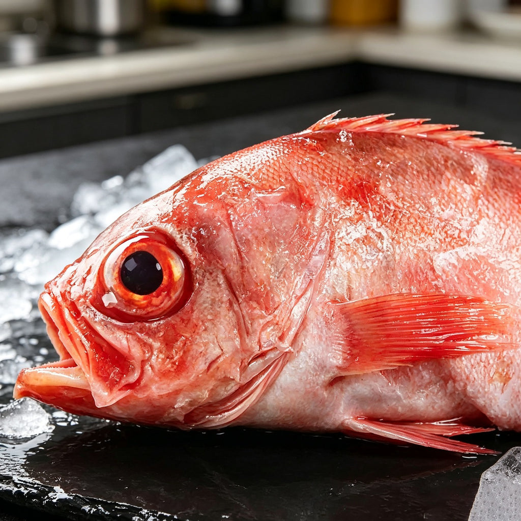 Large red rockfish shown head-on, skin glistening, on dark slate