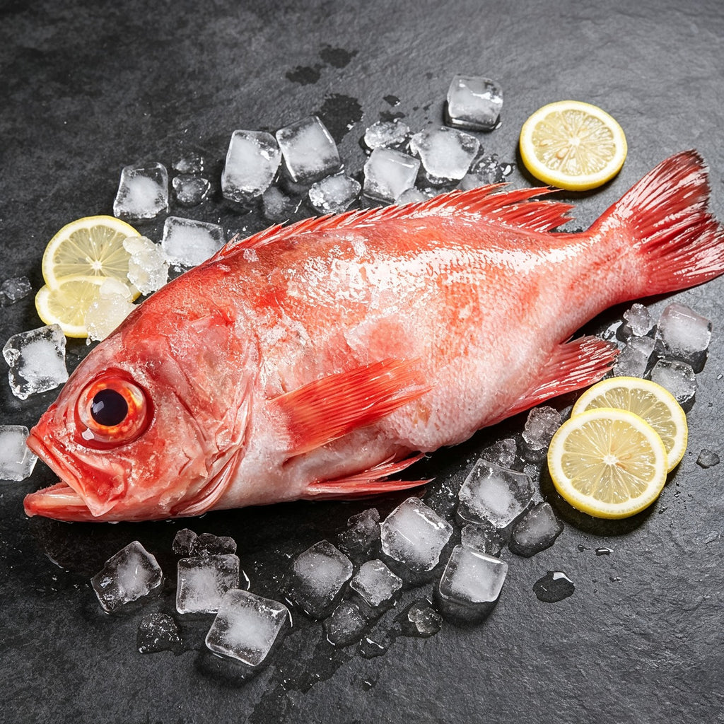 Whole red rockfish plated with a savoury sauce and spring onion