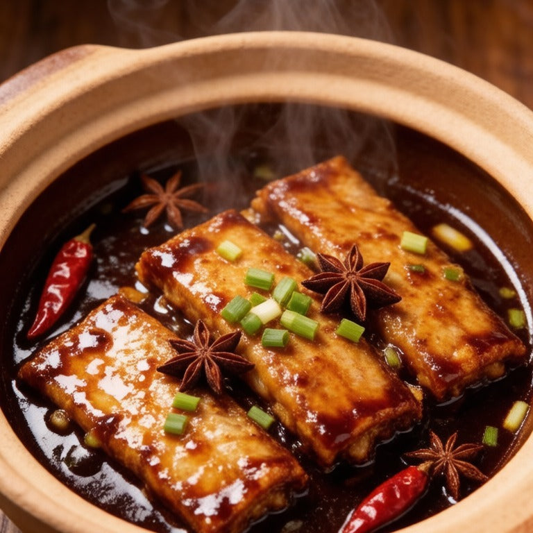 Braised hairtail segments with chilli and star anise in a clay pot