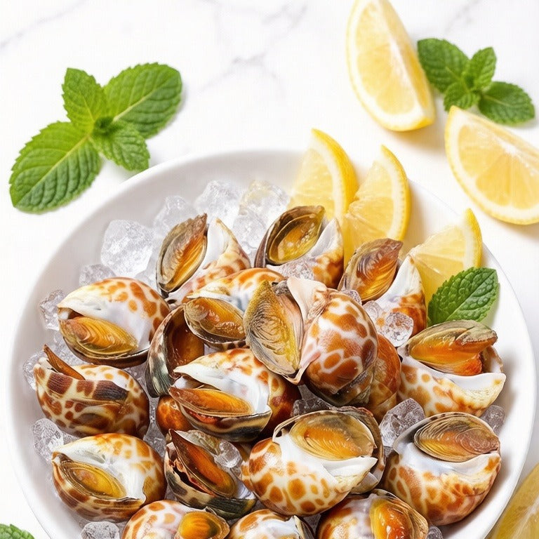 Chilled spotted sea snails over crushed ice with lemon and mint