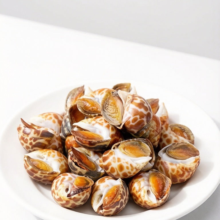 Opened sea snail shells arranged on a white plate