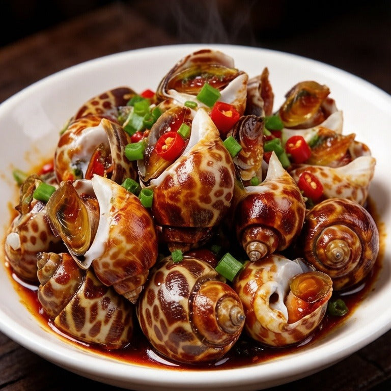 Spicy stir-fried sea snails served in a white bowl