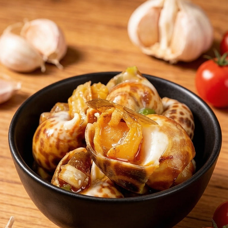 Garlic steamed sea snails in a dark bowl