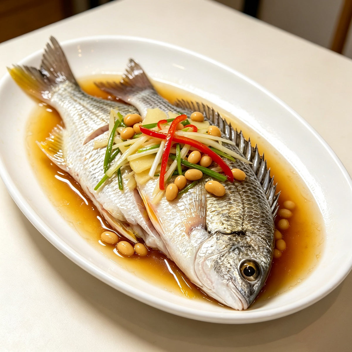 A hand holding a silver sea bream with bright yellow fins